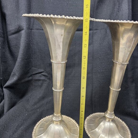 Pair Vintage Silver Plated Brass Trumpet Tulip Vases 15” India Boho Hollywood - Picture 5 of 10